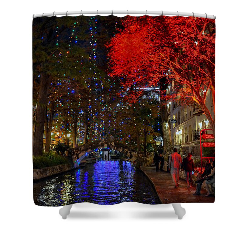Tx Shower Curtain featuring the pyrography Riverwalk Holiday 2 by David Meznarich