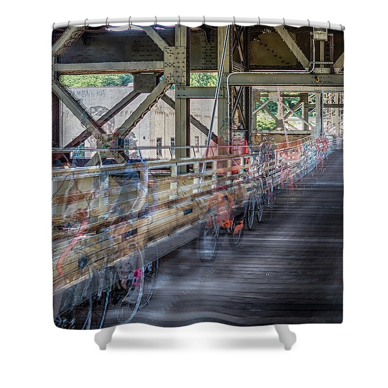 Marsupial Bridge Shower Curtain featuring the photograph RiverWest24 Bike Train by Kristine Hinrichs