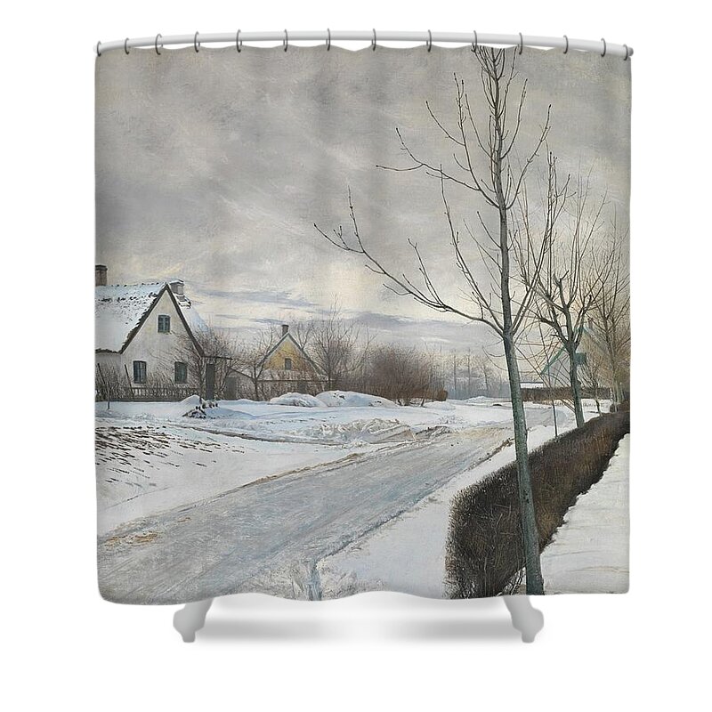 Road In The Village Of Baldersbr�nde (winter Day) Laurits Andersen Ring Shower Curtain featuring the painting Road in the Village of Baldersbrnde by Laurits Andersen Ring