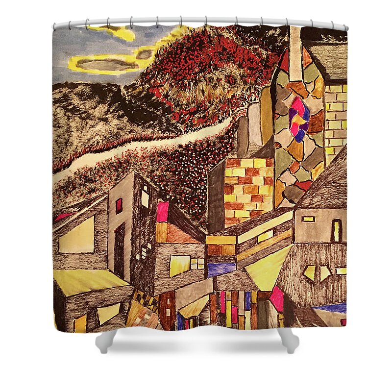 Abstract Impressionist Expressionist City Country Village Cubist Shower Curtain featuring the drawing Road out of town by Dennis Ellman