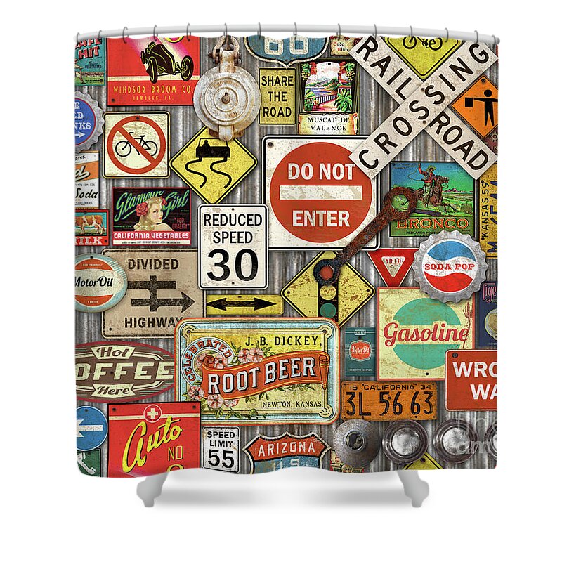 Route 66 Shower Curtain featuring the painting Roads Signs on Steel-JP3959 by Jean Plout