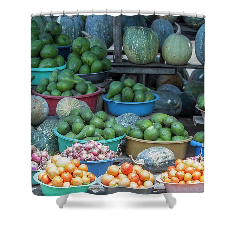 Africa Shower Curtain featuring the photograph Roadside produce stand, Uganda, Africa by Karen Foley