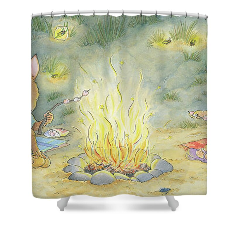 Sunny Bunnies Shower Curtain featuring the painting Roasting Marshmallows -- No Text by June Goulding
