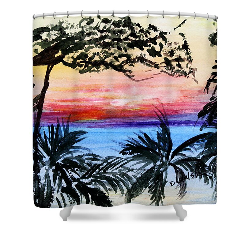 Tropical Shower Curtain featuring the painting Roatan Sunset by Donna Walsh