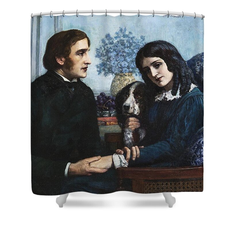 Herbert Gustave Carmichael Schmalz (british 1856-1935) Shower Curtain featuring the painting Robert Browning visits Elizabeth Barrett at 50 Wimpole Street by Celestial Images