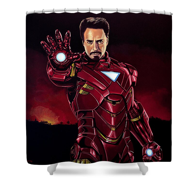 Iron Man Shower Curtain featuring the painting Robert Downey Jr. as Iron Man by Paul Meijering