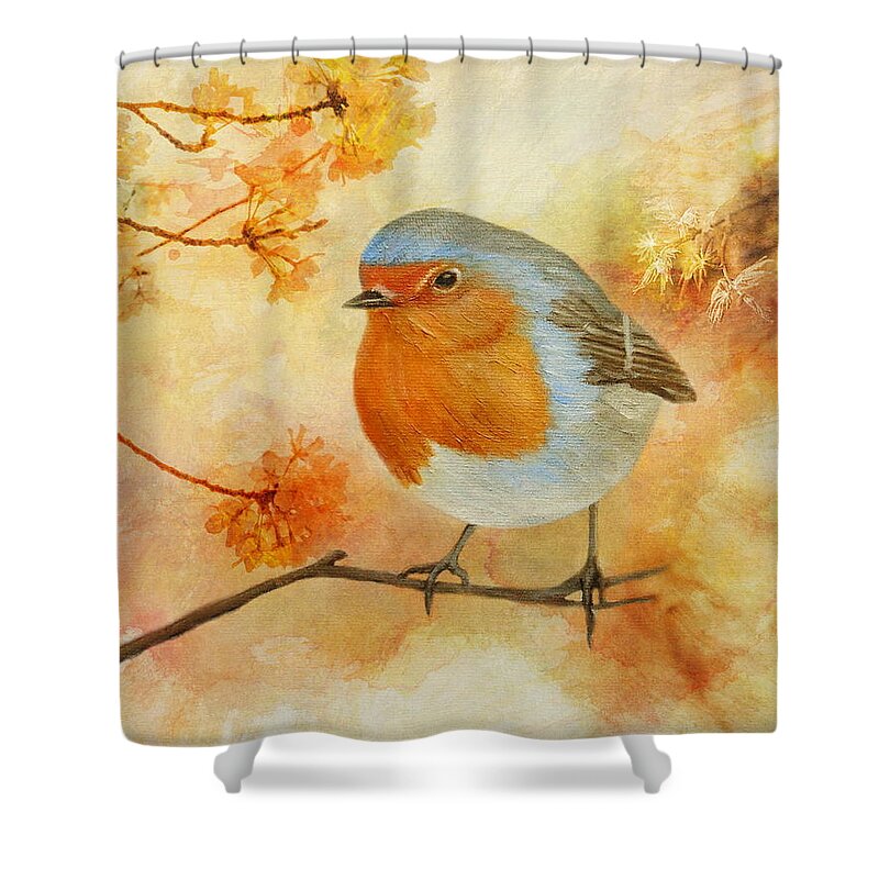 Robin Shower Curtain featuring the painting Robin Among Flowers by Angeles M Pomata