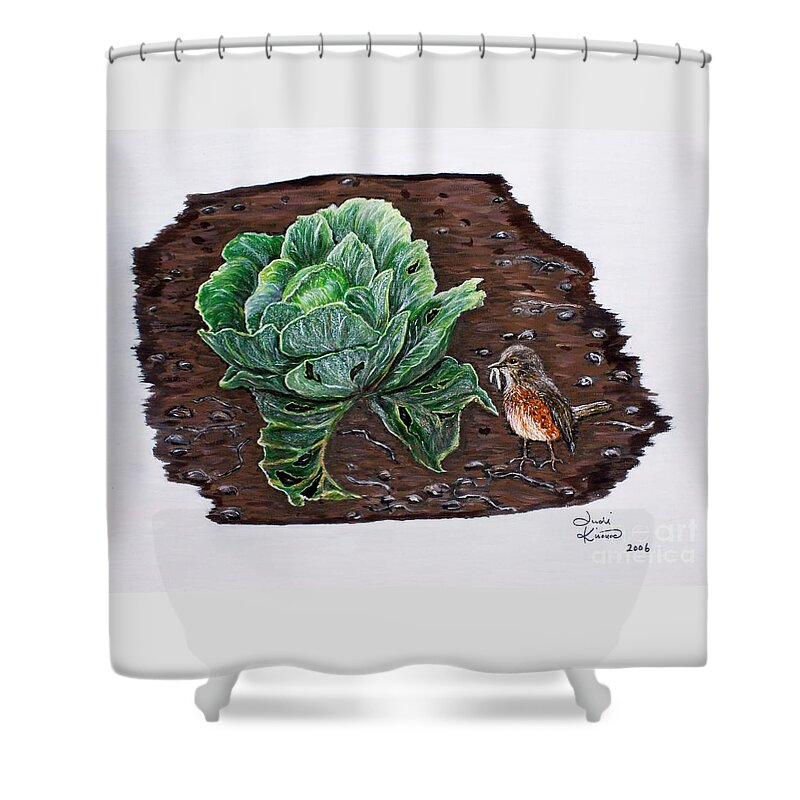 Robin Shower Curtain featuring the painting Robin in the Gardin by Judy Kirouac
