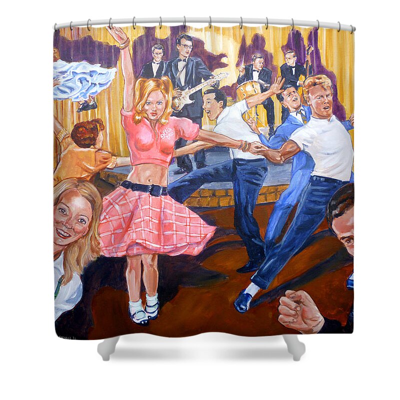 Buddy Holly Shower Curtain featuring the painting Rock Around With Ollie Vee by Bryan Bustard