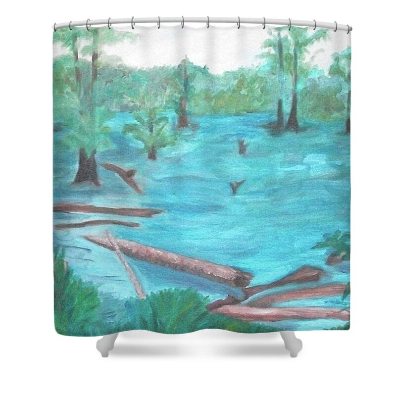 Paintings Shower Curtain featuring the painting Rock, Logs and Trees by Michelle Gilmore
