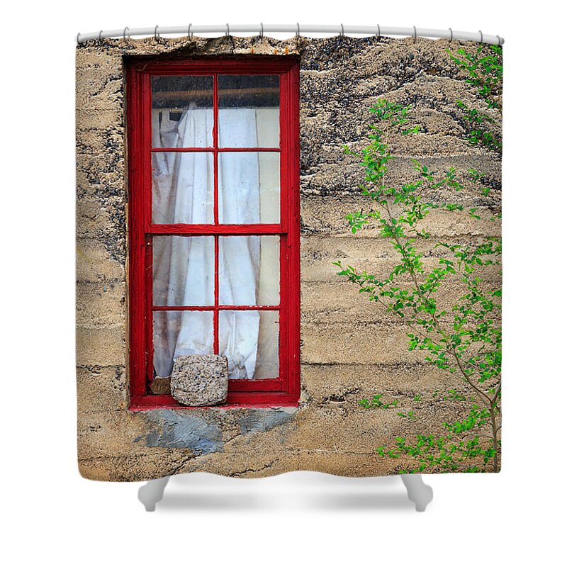 Window Shower Curtain featuring the photograph Rock On A Red Window by James Eddy