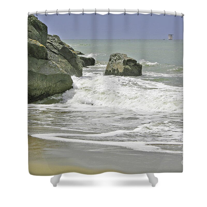 Landscape Shower Curtain featuring the photograph Rocks, Sand and Surf by Joyce Creswell