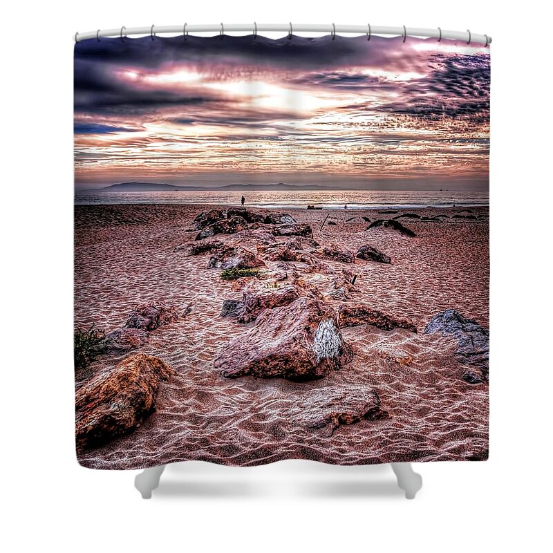 Sand Rock Sky Sunset Beach Water Ocean Shower Curtain featuring the photograph Rocky Beach by Wendell Ward