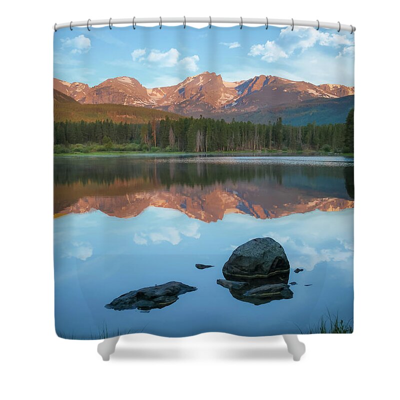 Mountain Peaks Shower Curtain featuring the photograph Rocky Mountain Reflections - Estes Park Colorado Art by Gregory Ballos