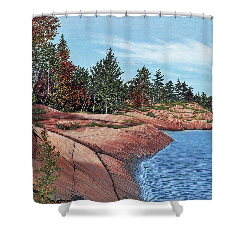 River Shower Curtain featuring the painting Rocky River Shore by Kenneth M Kirsch