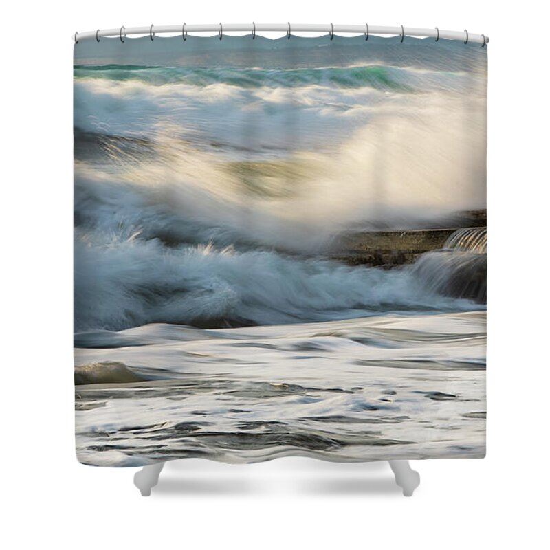 Sea Waves Shower Curtain featuring the photograph Rocky seashore, wavy ocean and wind waves crashing on the rocks by Michalakis Ppalis