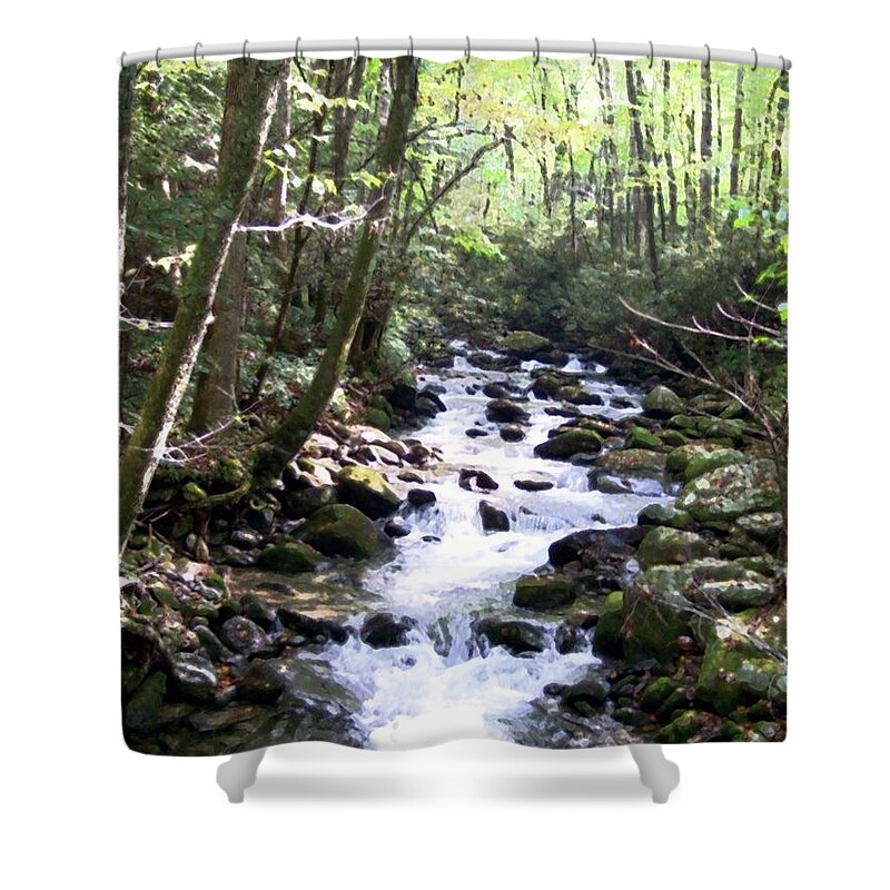 Wooded Stream Shower Curtain featuring the mixed media Rocky Stream 6 by Desiree Paquette