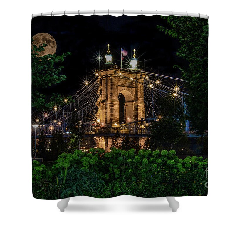 Roebling Shower Curtain featuring the pyrography Roebling Super Moon by Jason Finkelstein