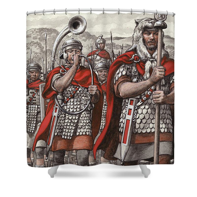Roman Legions Marching Behind Their Standard Shower Curtain featuring the painting Roman legions marching behind their standard by Pat Nicolle