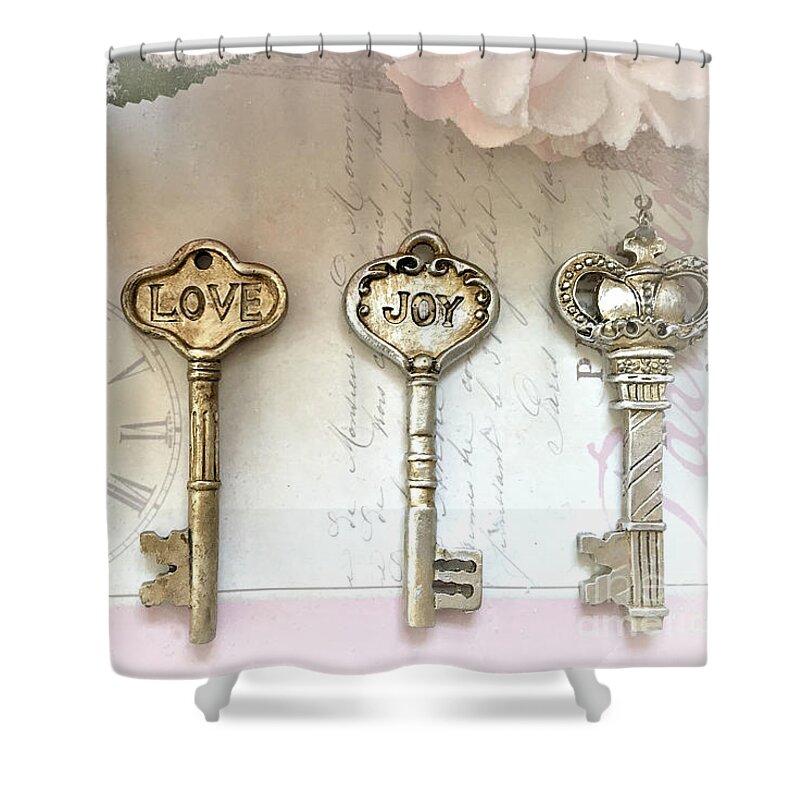 Paris Shower Curtain featuring the photograph Love Joy Shabby Chic Vintage Keys - Gold and Silver Skeleton Keys Love Joy Home Decor by Kathy Fornal
