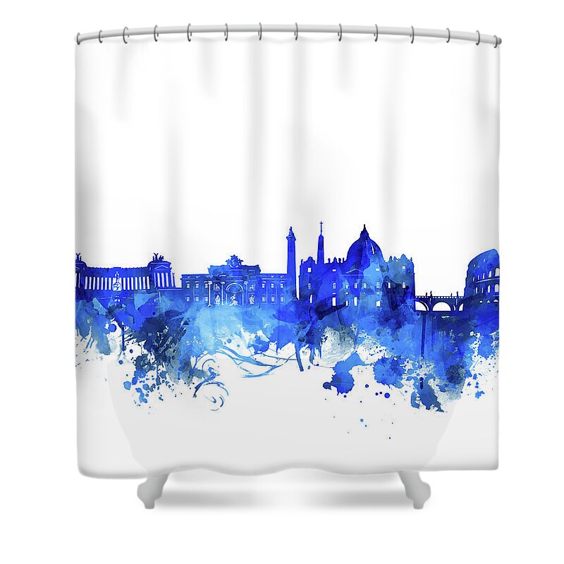 Rome Shower Curtain featuring the digital art Rome City Skyline Watercolor Blue by Bekim M