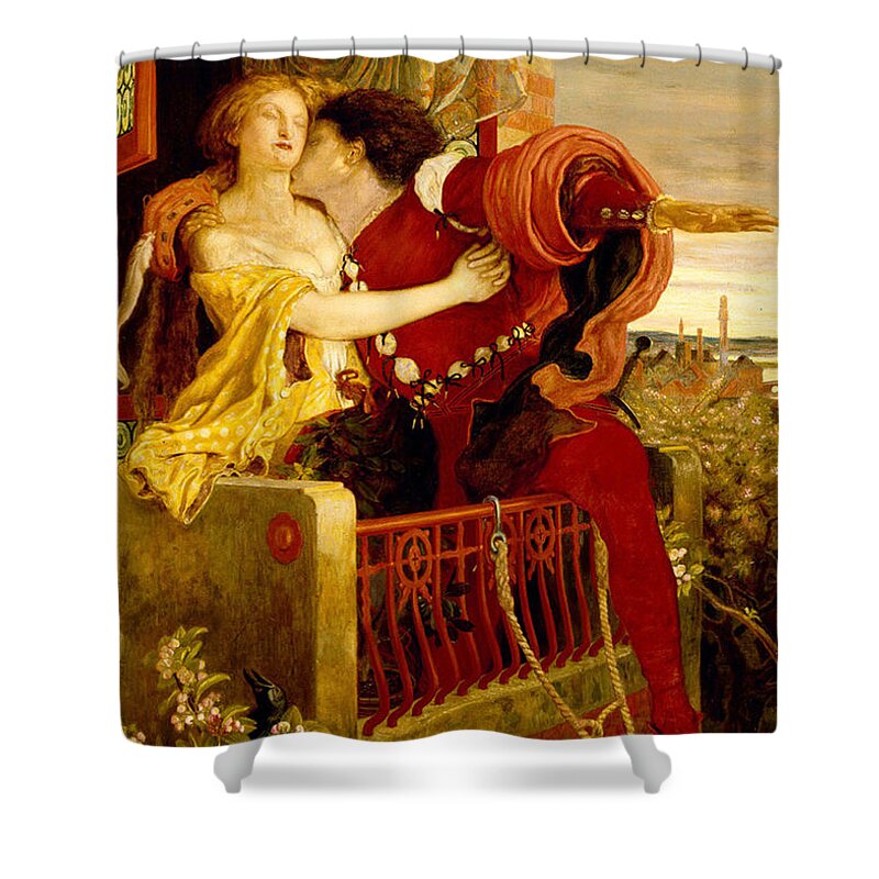Ford Madox Brown Shower Curtain featuring the painting Romeo and Juliet parting on the balcony by MotionAge Designs