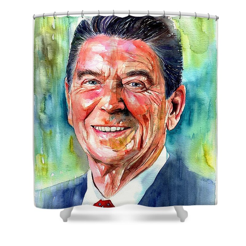 Ronald Shower Curtain featuring the painting Ronald Reagan watercolor by Suzann Sines
