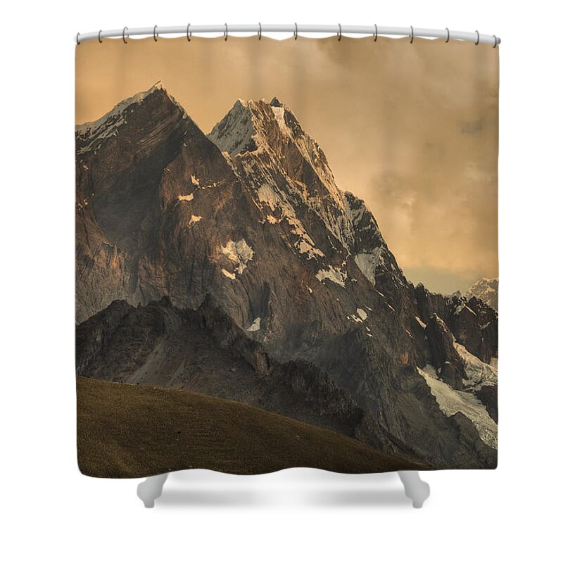 00498195 Shower Curtain featuring the photograph Rondoy Peak 5870m At Sunset by Colin Monteath