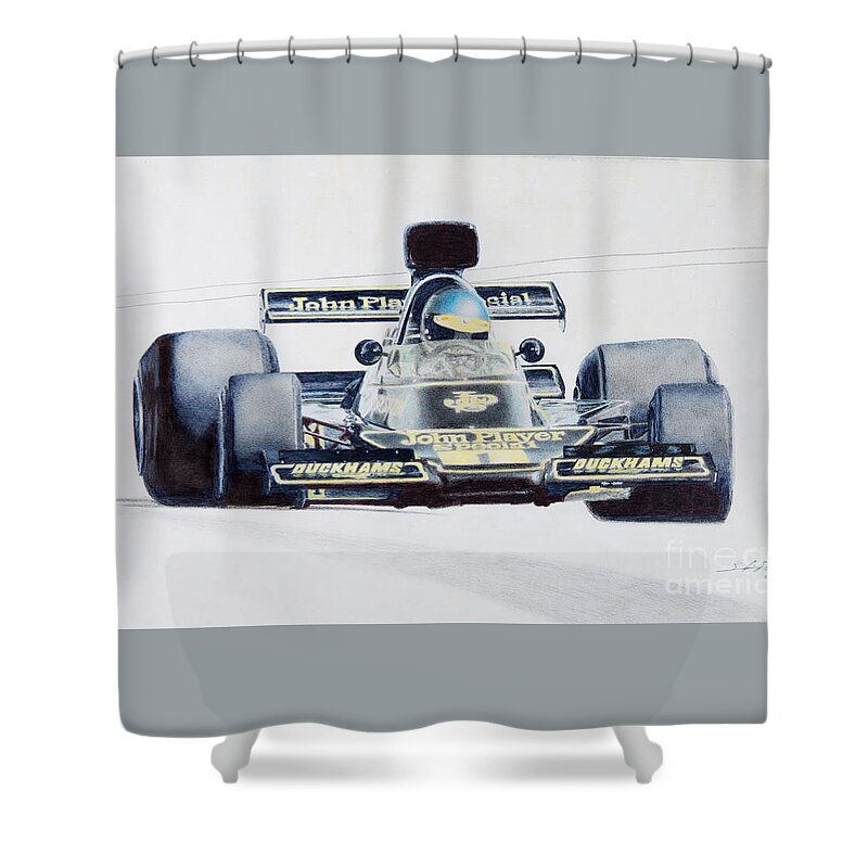 Formula 1 Shower Curtain featuring the drawing Ronnie Peterson - Lotus 76 by Lorenzo Benetton