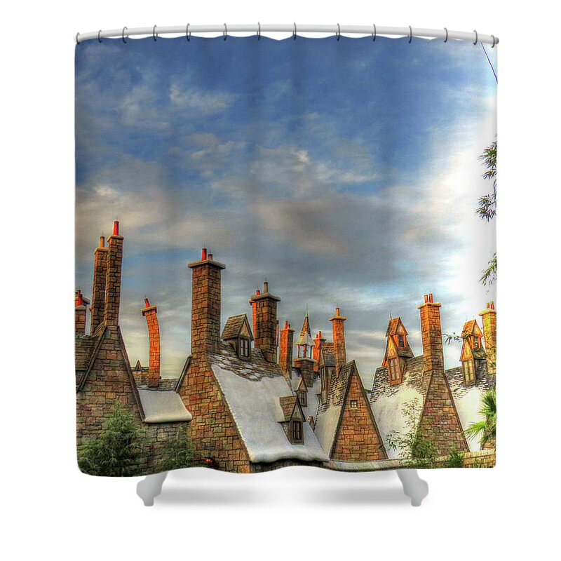 Hogsmeade Shower Curtain featuring the photograph rooftops Hogsmeade by Tom Prendergast