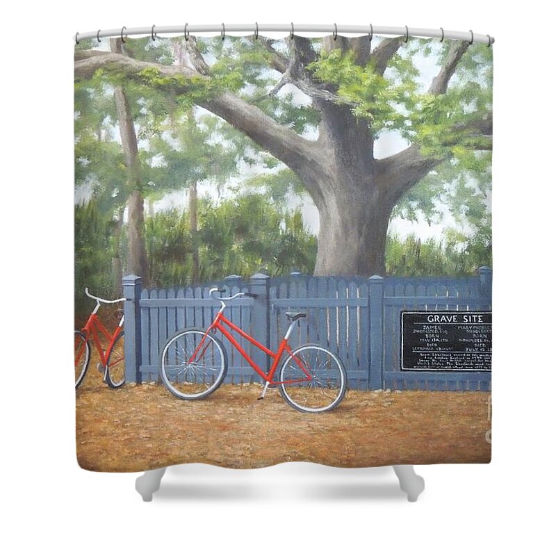 Bicycles Shower Curtain featuring the painting Room for Two More by Phyllis Andrews