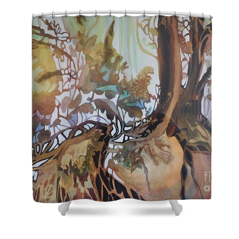 Layers Of Transparent Acrylic And Watercolor Paints In All The Colors Of The Rainbow Were Used To Create This Woodland Fantasy Land. Actual Painting Size Is Approximately 10 X 14 And Is Matted To Fit An 16 X 20 Frame. Shower Curtain featuring the painting Roots and Wings by Joan Clear