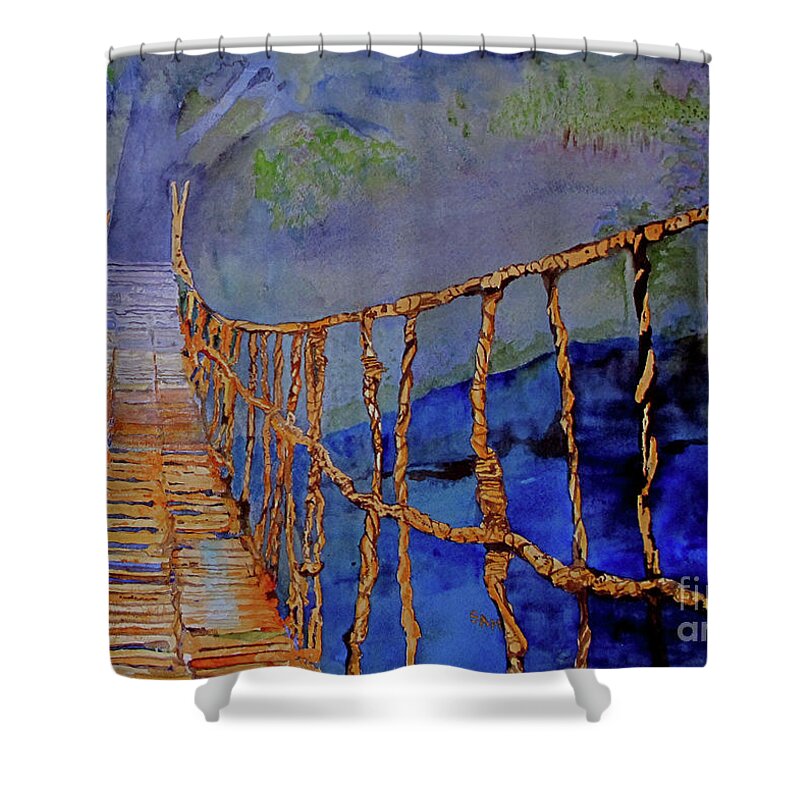 Rope Bridge Shower Curtain featuring the painting Rope Bridge by Sandy McIntire