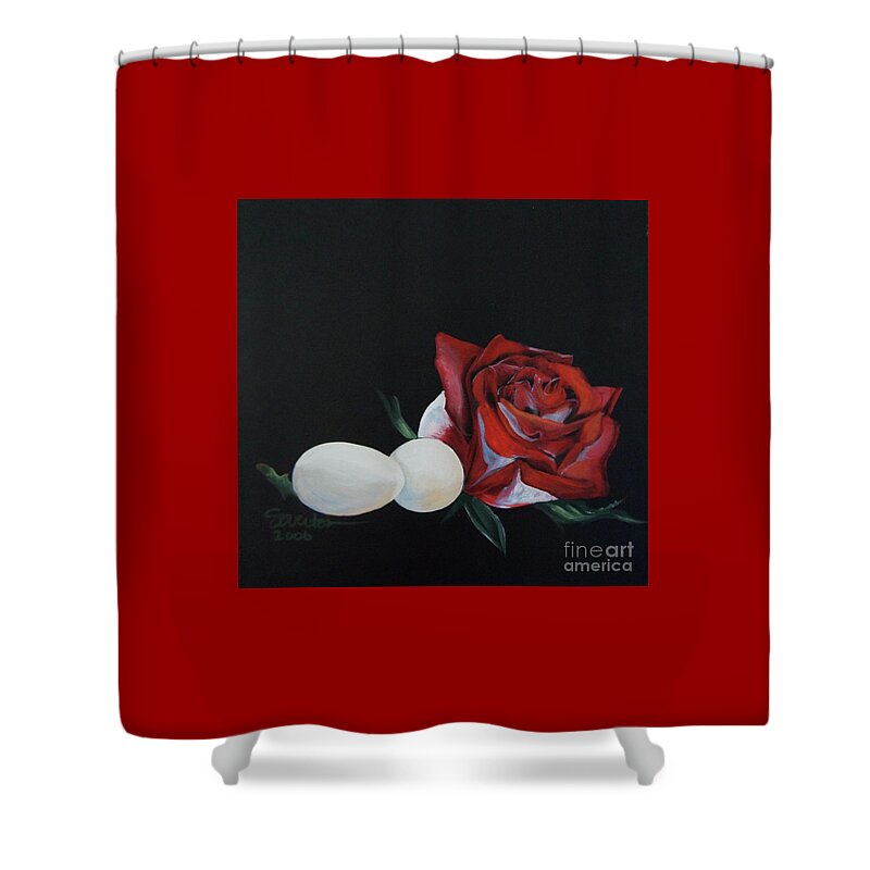 Acrylic Shower Curtain featuring the painting Rose and the Eggs Acrylic Painting by Shelley Overton