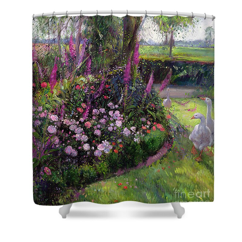 Landscape Shower Curtain featuring the painting Rose Bed and Geese by Timothy Easton