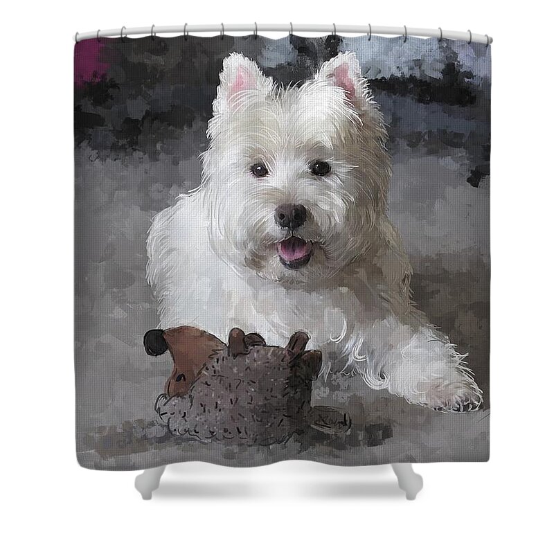 Dog Shower Curtain featuring the digital art Rose with a new toy by Debra Baldwin