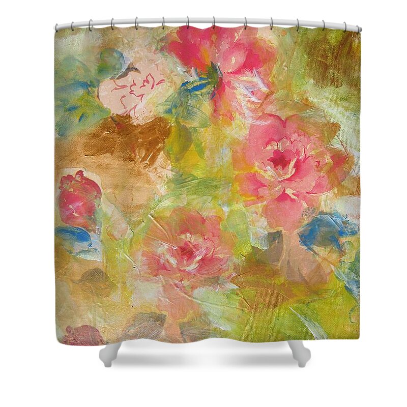 Pink Roses Shower Curtain featuring the painting Roses in Bloom by Denice Palanuk Wilson