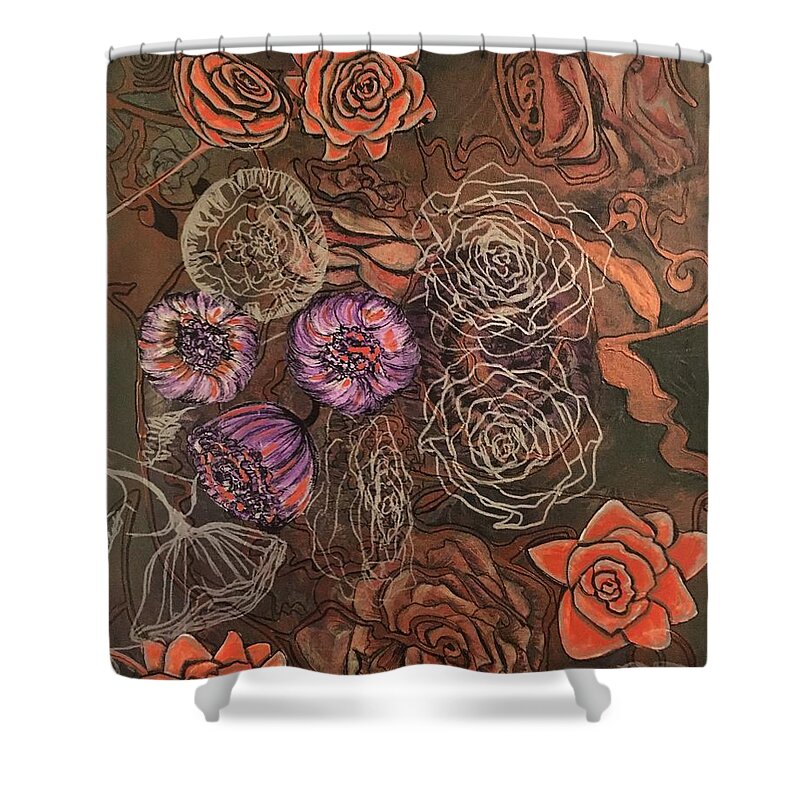 Stylizate Shower Curtain featuring the mixed media Roses in Time by Mastiff Studios