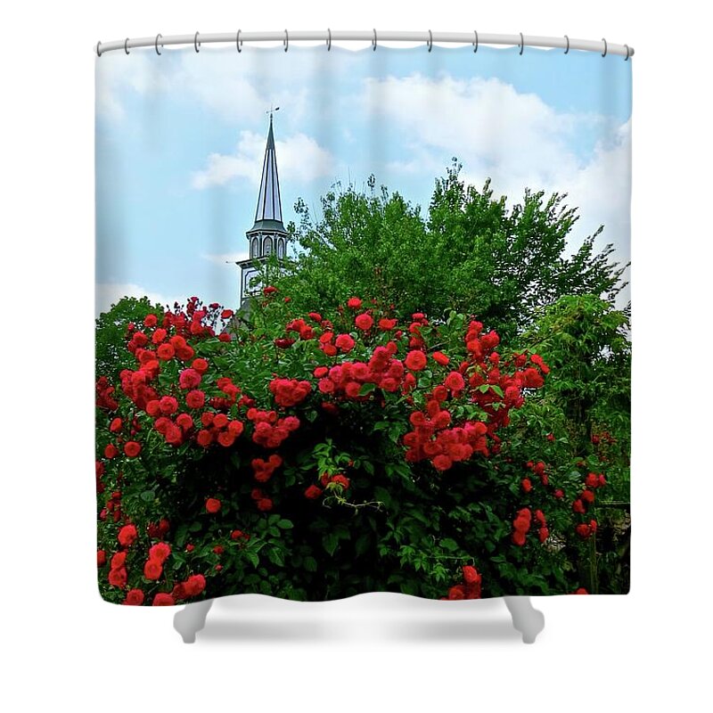 Mauricetown Shower Curtain featuring the photograph Roses on the Fence in Mauricetown by Nancy Patterson