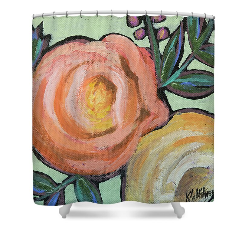 Peach Shower Curtain featuring the painting Rosey Duo by Kristin Whitney