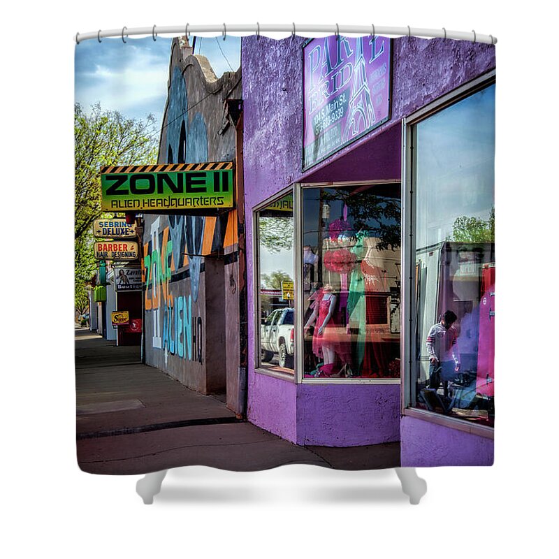 Alien Shower Curtain featuring the photograph Roswell Sidewalk by Diana Powell