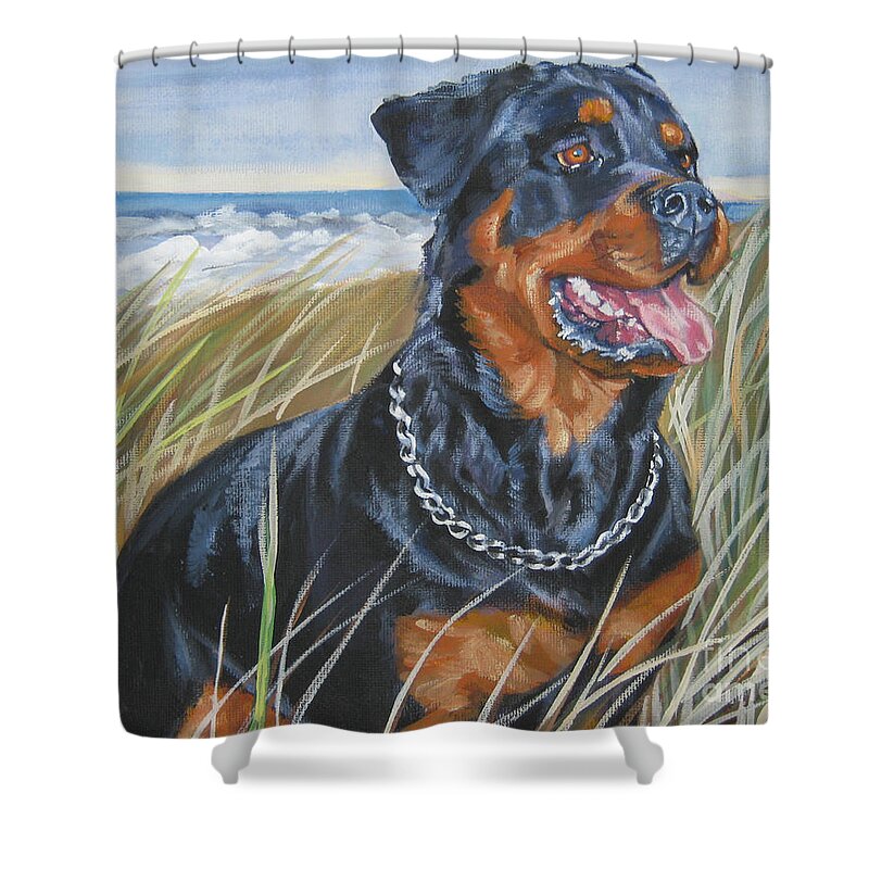 Dog Shower Curtain featuring the painting Rottweiler Beach by Lee Ann Shepard
