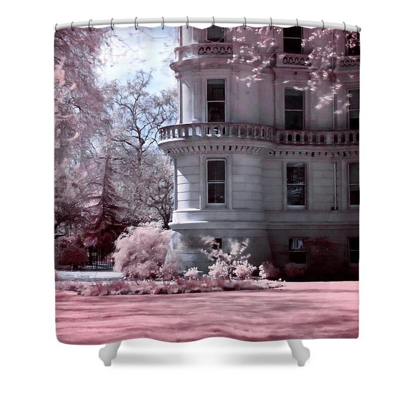 City Shower Curtain featuring the photograph Rounded corner tower by Helga Novelli
