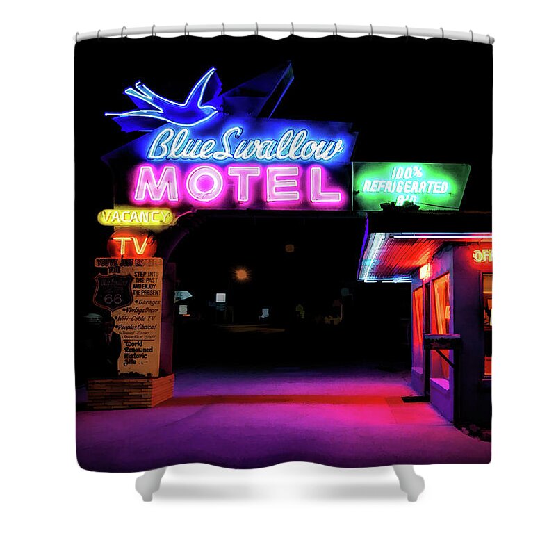 Route 66 Shower Curtain featuring the painting Route 66 Blue Swallow Motel by Christopher Arndt