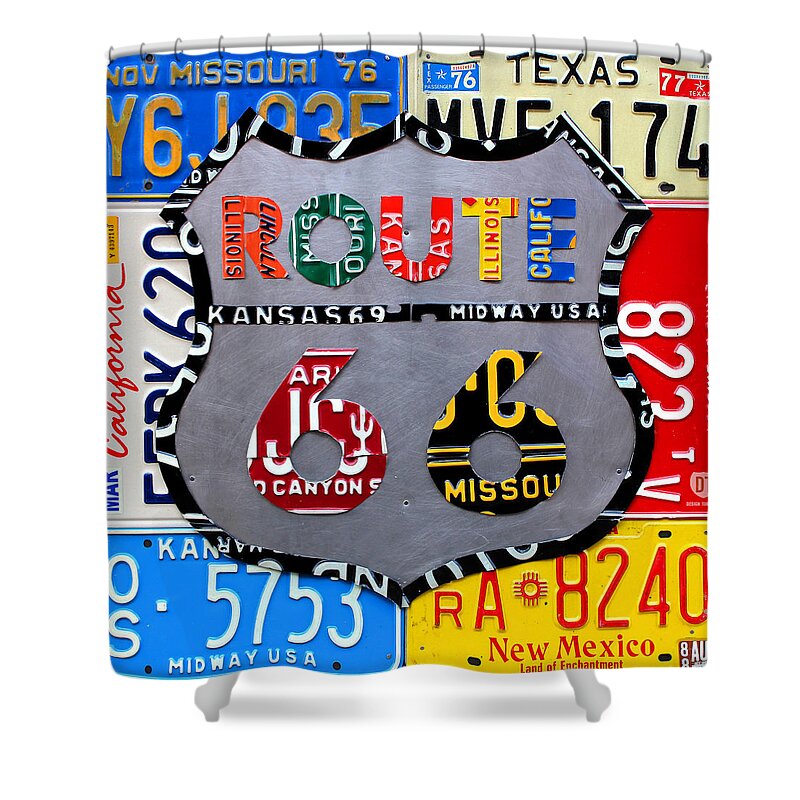 Route 66 Highway Road Sign License Plate Art Travel License Plate Map Shower Curtain featuring the mixed media Route 66 Highway Road Sign License Plate Art by Design Turnpike