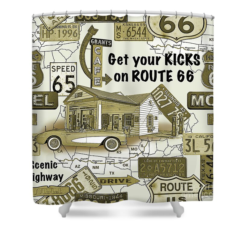 Route 66 Shower Curtain featuring the painting Route 66-JP3936 by Jean Plout