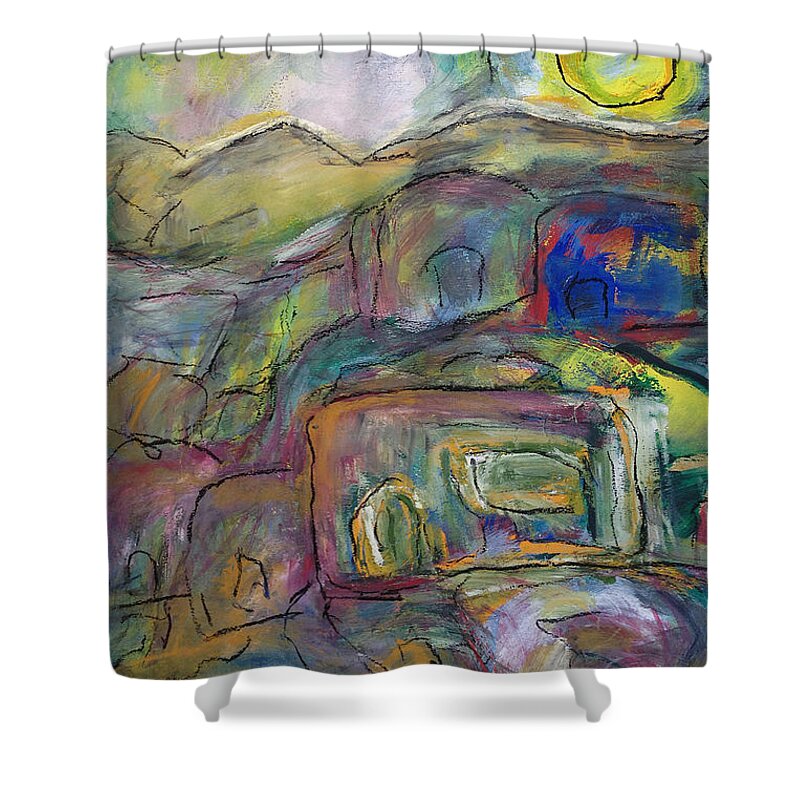 Original Art Chalk Pastel Drawing Route 66 Sign Highway Town Village Shower Curtain featuring the pastel Route 66 by Katt Yanda