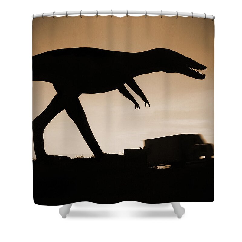 Travel Shower Curtain featuring the photograph Route 66 - Lost Dinosaur by Mike McGlothlen