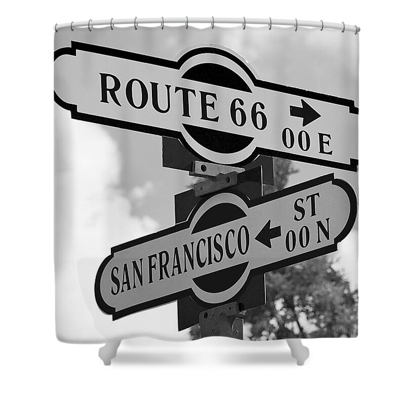 Sign Shower Curtain featuring the photograph Route 66 Street Sign Black And White by Phyllis Denton