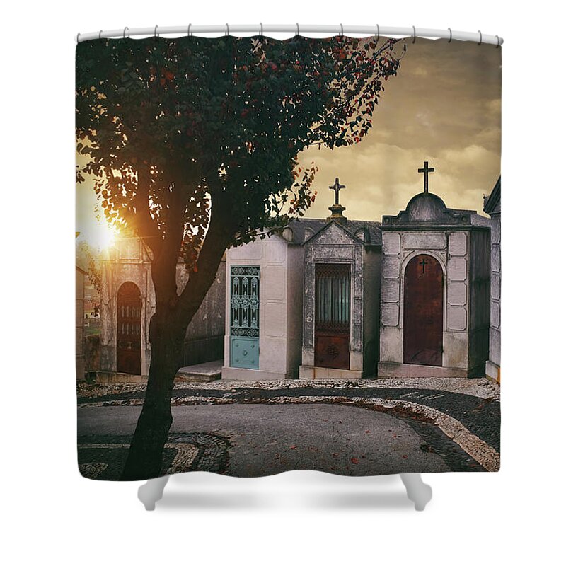 Family Shower Curtain featuring the photograph Row of Crypts by Carlos Caetano